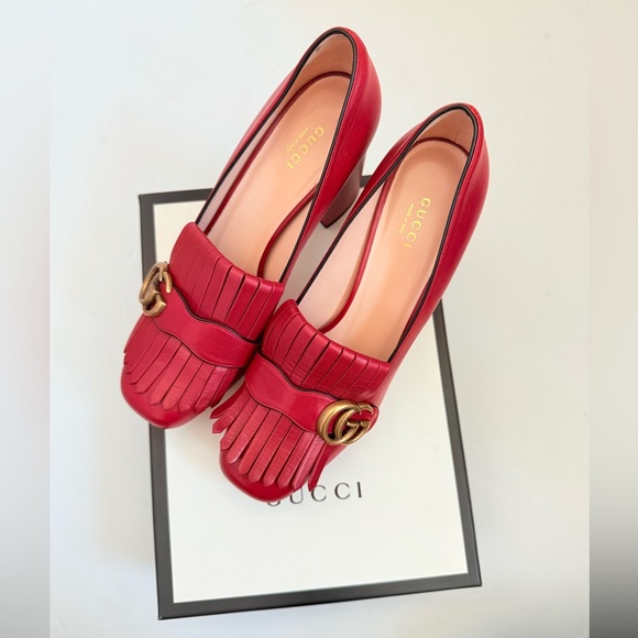 Gucci Hibiscus Red Leather Malaga Kid GG Marmont Fringe Platform Loafer Pumps 39 - Picture 1 of 15